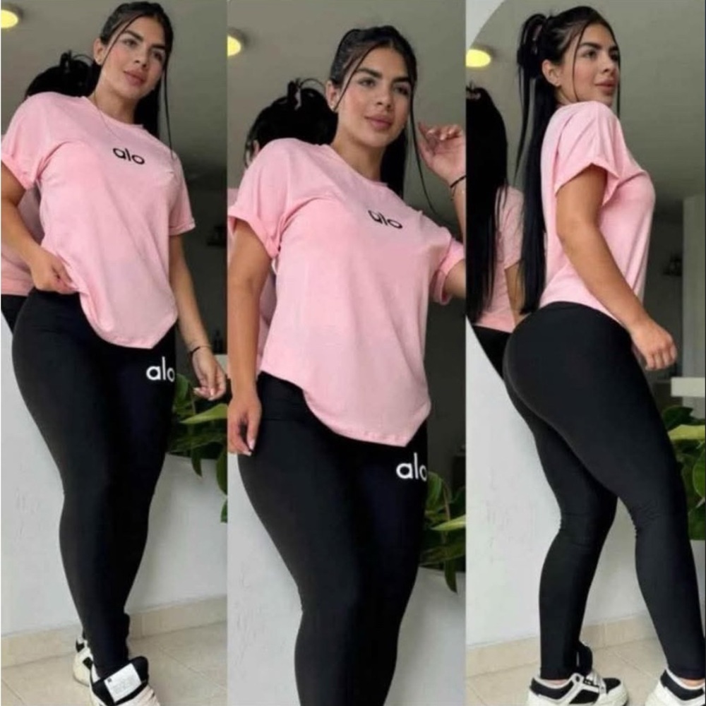 Alo Pink T-Shirt and Black Leggings Set